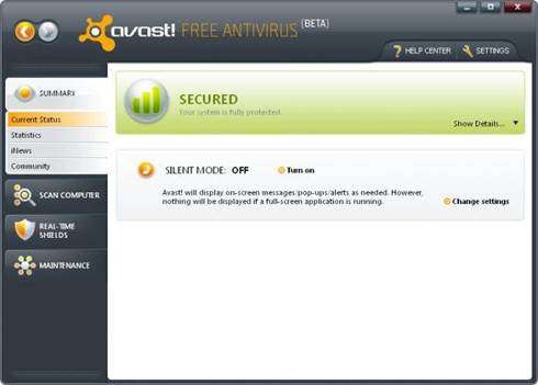תמונה המסך של התוכנה החינמית של Avast