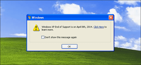 הודעת ביטול התמיכה ב-XP כפי שהופיעה אצל המשתמשים